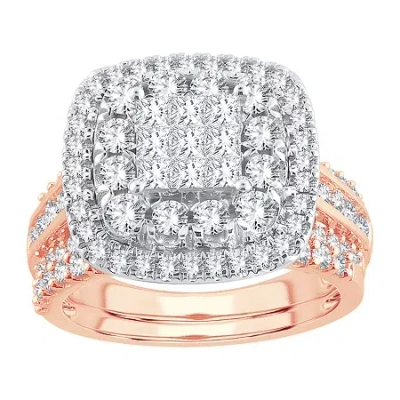 Modern Bride Womens 2 Ct. T.w. Natural White Diamond 10k Rose Gold Cushion Halo Bridal Set In Metallic