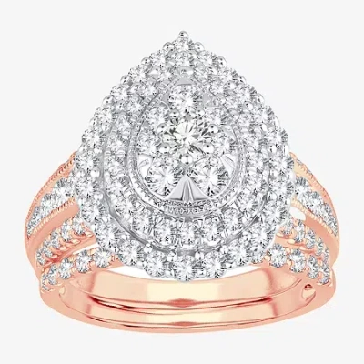 Modern Bride Womens 2 Ct.t.w. Natural Diamond 10k Or 14k Gold Pear Side Stone Halo Bridal Set
