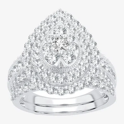 Modern Bride Womens 2 Ct.t.w. Natural Diamond 10k Or 14k Gold Pear Side Stone Halo Bridal Set In White