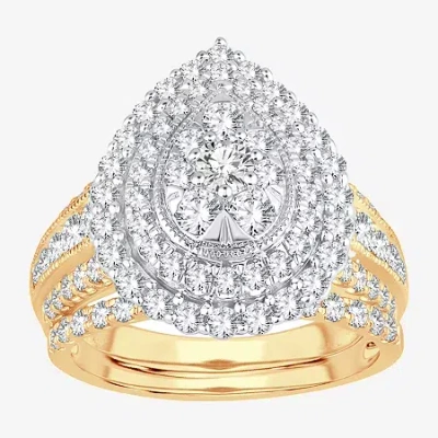 Modern Bride Womens 2 Ct.t.w. Natural Diamond 10k Or 14k Gold Pear Side Stone Halo Bridal Set