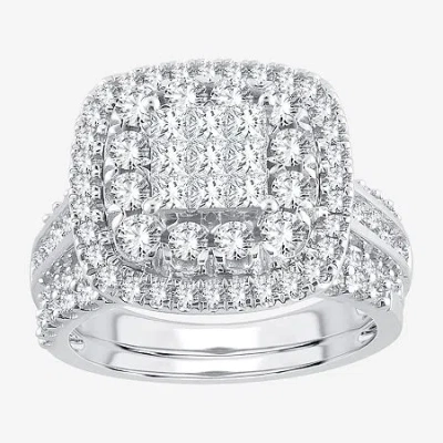 Modern Bride Womens 2 Ct.t.w. Natural Diamond 10k Or 14k White Gold Cushion Halo Bridal Set In Silver