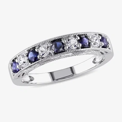 Modern Bride Womens 2mm Lab Created Blue Sapphire Sterling Silver Wedding Band In Metallic