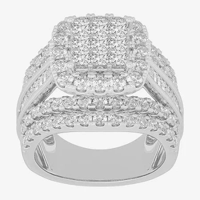 Modern Bride Womens 3 Ct.t.w. Natural Diamond 10k Gold Cushion Side Stone Engagement Ring In White