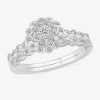 Modern Bride Womens 3/8 Ct. T.w. Natural White Diamond 10k White Gold Flower Side Stone Halo Bridal Set In Silver