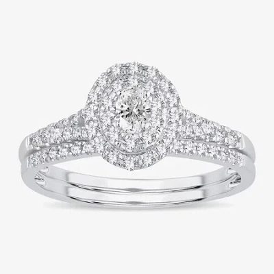 Modern Bride Womens 3/8 Ct. T.w. Natural White Diamond 10k White Gold Oval Side Stone Halo Bridal Set In Neutral