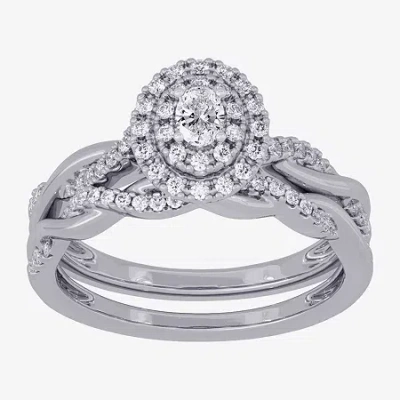Modern Bride Womens 3/8 Ct. T.w. Natural White Diamond 10k White Gold Oval Side Stone Halo Bridal Set In Neutral