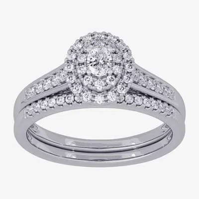 Modern Bride Womens 3/8 Ct. T.w. Natural White Diamond 10k White Gold Oval Side Stone Halo Bridal Set In Neutral
