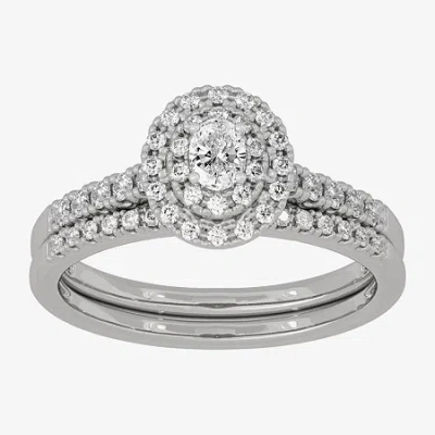 Modern Bride Womens 3/8 Ct. T.w. Natural White Diamond 10k White Gold Oval Side Stone Halo Bridal Set In Silver