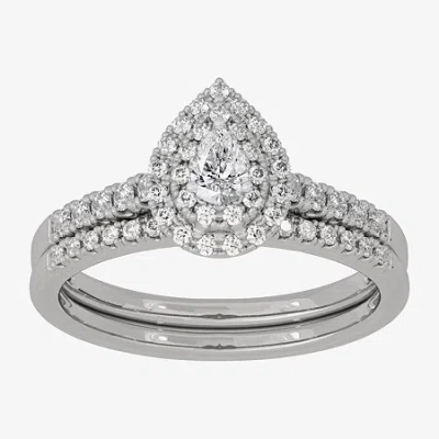 Modern Bride Womens 3/8 Ct. T.w. Natural White Diamond 10k White Gold Pear Side Stone Halo Bridal Set In Silver