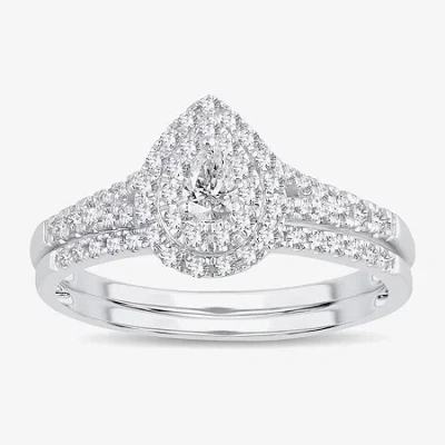 Modern Bride Womens 3/8 Ct. T.w. Natural White Diamond 10k White Gold Pear Side Stone Halo Bridal Set In Neutral