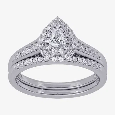 Modern Bride Womens 3/8 Ct. T.w. Natural White Diamond 10k White Gold Pear Side Stone Halo Bridal Set In Neutral