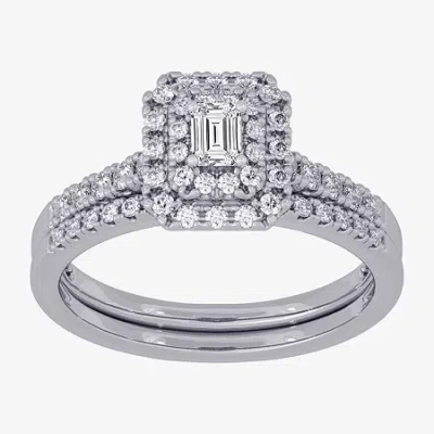 Modern Bride Womens 3/8 Ct. T.w. Natural White Diamond 10k White Gold Side Stone Halo Bridal Set In Silver