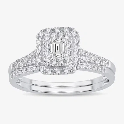 Modern Bride Womens 3/8 Ct. T.w. Natural White Diamond 10k White Gold Side Stone Halo Bridal Set In Neutral