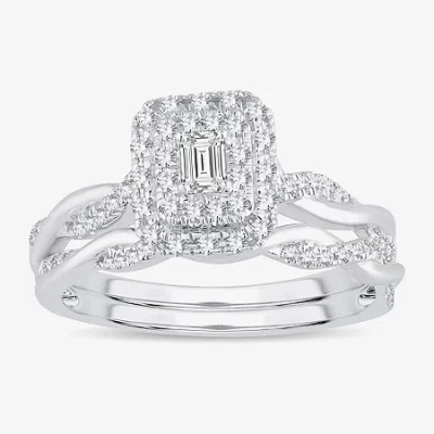 Modern Bride Womens 3/8 Ct. T.w. Natural White Diamond 10k White Gold Side Stone Halo Bridal Set In Neutral