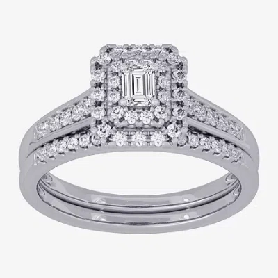 Modern Bride Womens 3/8 Ct. T.w. Natural White Diamond 10k White Gold Side Stone Halo Bridal Set In Neutral