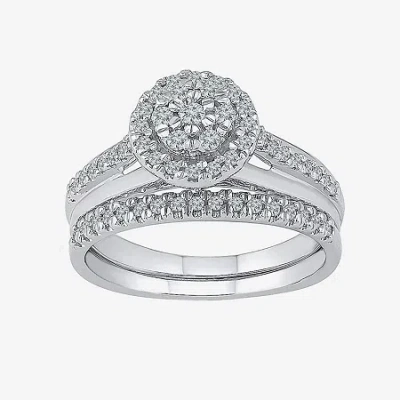 Modern Bride Womens 3/8 Ct.t.w. Natural Diamond 10k White Gold Bridal Set In Silver