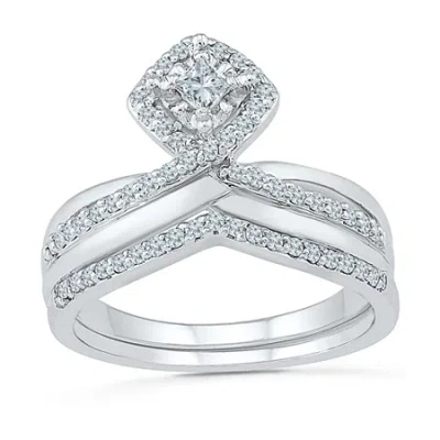 Modern Bride Womens 3/8 Ct.t.w. Natural Diamond 10k White Gold Bridal Set In Silver