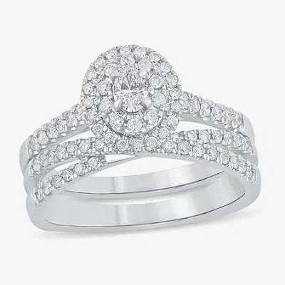 Modern Bride Womens 5/8 Ct. T.w. Natural White Diamond 10k White Gold Oval Side Stone Halo Bridal Set