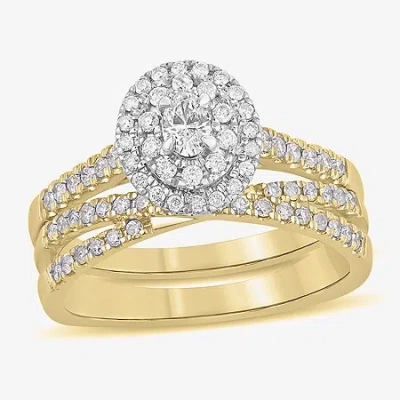 Modern Bride Womens 5/8 Ct. T.w. Natural White Diamond 10k White Gold Oval Side Stone Halo Bridal Set