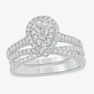 Modern Bride Womens 5/8 Ct. T.w. Natural White Diamond 10k White Gold Pear Side Stone Halo Bridal Set