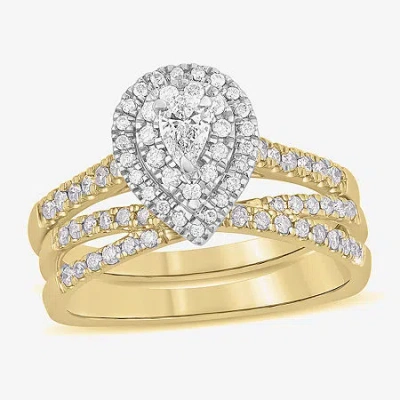 Modern Bride Womens 5/8 Ct. T.w. Natural White Diamond 10k White Gold Pear Side Stone Halo Bridal Set