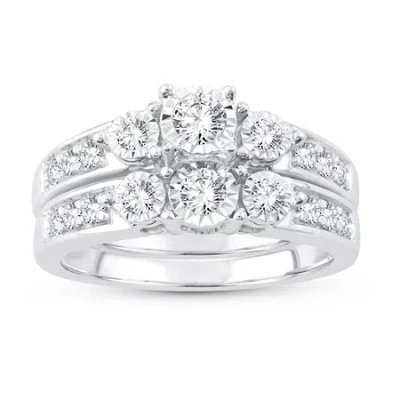 Modern Bride Womens 5/8 Ct. T.w. Natural White Diamond 10k White Gold Round Bridal Set In Silver