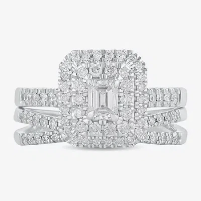 Modern Bride Womens 5/8 Ct. T.w. Natural White Diamond 10k White Gold Side Stone Halo Bridal Set
