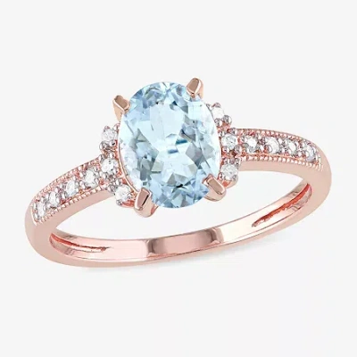 Modern Bride Womens Diamond Accent Genuine Blue Aquamarine 18k Gold Over Silver Oval Engagement Ring