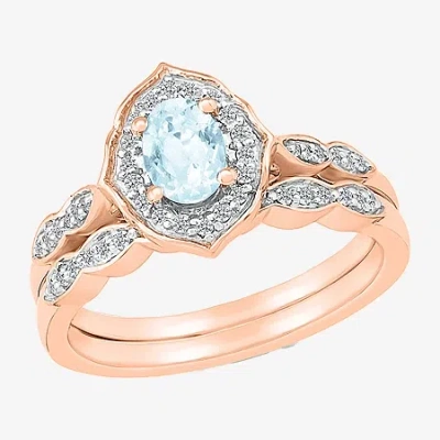 Modern Bride Womens Genuine Blue Aquamarine 14k Rose Gold Oval Bridal Set In Silver