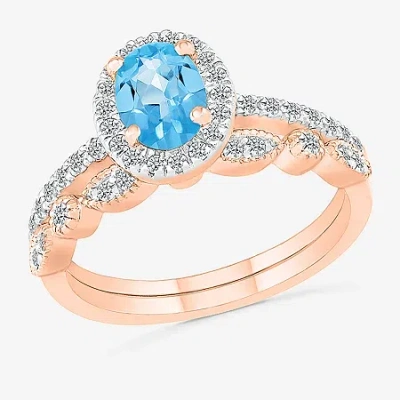 Modern Bride Womens Genuine Blue Topaz 14k Rose Gold Oval Bridal Set