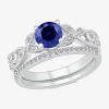 Modern Bride Womens Lab Created Blue Sapphire 14k White Gold Bridal Set In Silver