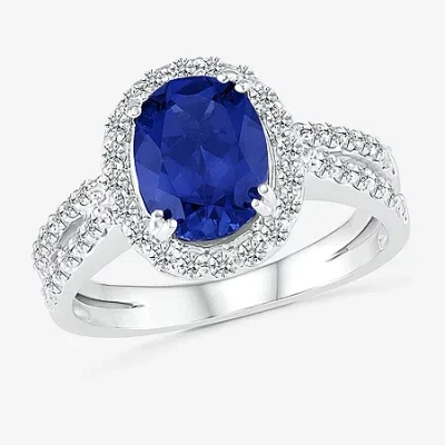 Modern Bride Womens Lab Created Blue Sapphire 14k White Gold Oval Bridal Set