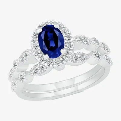 Modern Bride Womens Lab Created Blue Sapphire 14k White Gold Oval Bridal Set In Silver