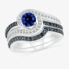 Modern Bride Womens Lab Created Blue Sapphire 14k White Gold Round Bridal Set In Silver