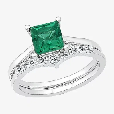 Modern Bride Womens Lab Created Green Emerald 14k White Gold Bridal Set