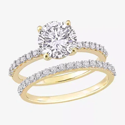 Modern Bride Womens Lab Created White Sapphire 10k Gold Round Side Stone Bridal Set