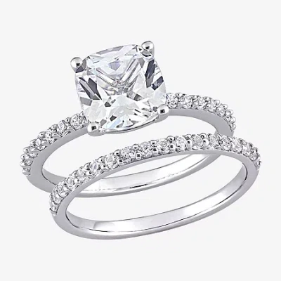 Modern Bride Womens Lab Created White Sapphire 10k White Gold Cushion Side Stone Bridal Set In Transparent