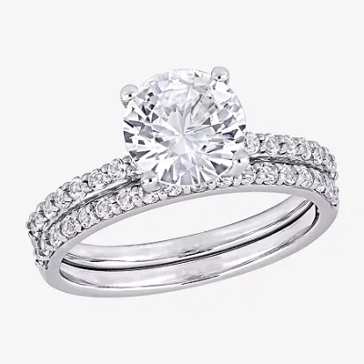 Modern Bride Womens Lab Created White Sapphire 10k White Gold Round Side Stone Bridal Set In Neutral