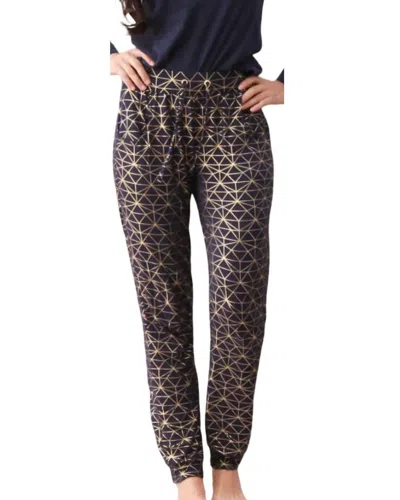 Modern Butterfly Geometric Print Pajama Bottoms In Navy With Metallic Foil In Brown