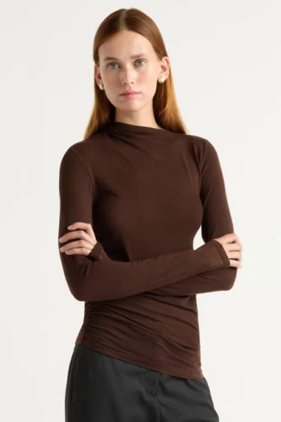 Modern Citizen Vittoria Asymmetric-neck Semi-sheer Ruched Tee In Brown