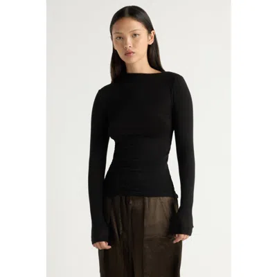 Modern Citizen Vittoria Asymmetric-neck Semi-sheer Ruched Tee In Black