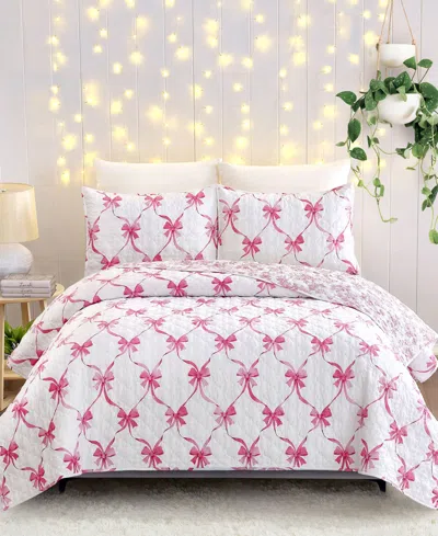 Modern Heirloom Abigail Bow Reversible 3-piece Quilt Set, Full/queen In Pink