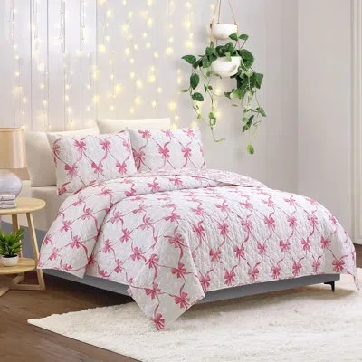 Modern Heirloom Abigail Bow Reversible Lightweight Quilt Set In Pink