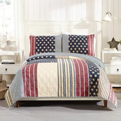 Modern Heirloom Americana 100% Cotton Patchwork Quilt Set In Blue;red;ivory