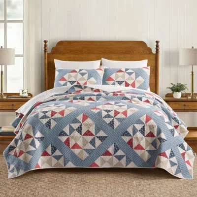 Modern Heirloom Americana Heartland Pieced Geometric Quilt Set In Blue;red;beige;ivory
