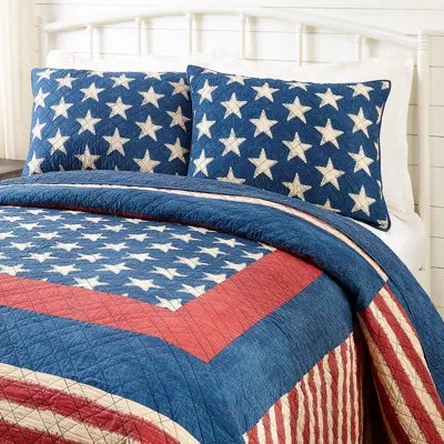 Modern Heirloom Americana Patch 100% Cotton 3-piece Quilt/coverlet Set In Blue;red;ivory