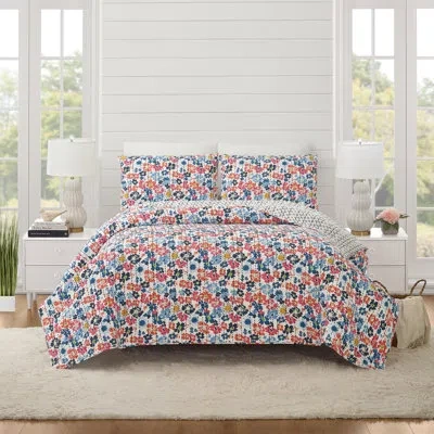 Modern Heirloom Blossom Floral 100% Cotton Reversible Quilt Set In Blue;pink