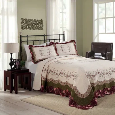 Modern Heirloom Brooke Floral Embroidered Pieced Single Bedspread/coverlet In Green;red;cream