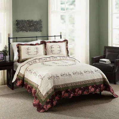 Modern Heirloom Brooke Floral Embroidered Scalloped Quilt Set In Green;red;ivory