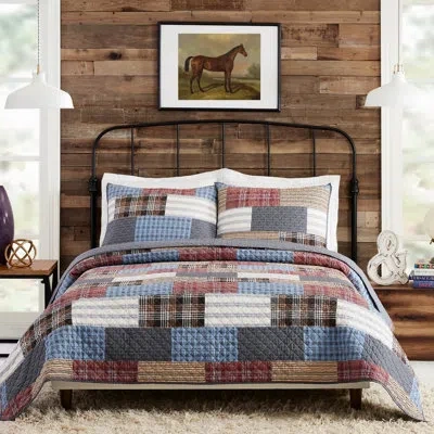 Modern Heirloom Cabin Patchwork Printed Plaid Cotton Quilt/coverlet Set In Blue;gray;red;beige